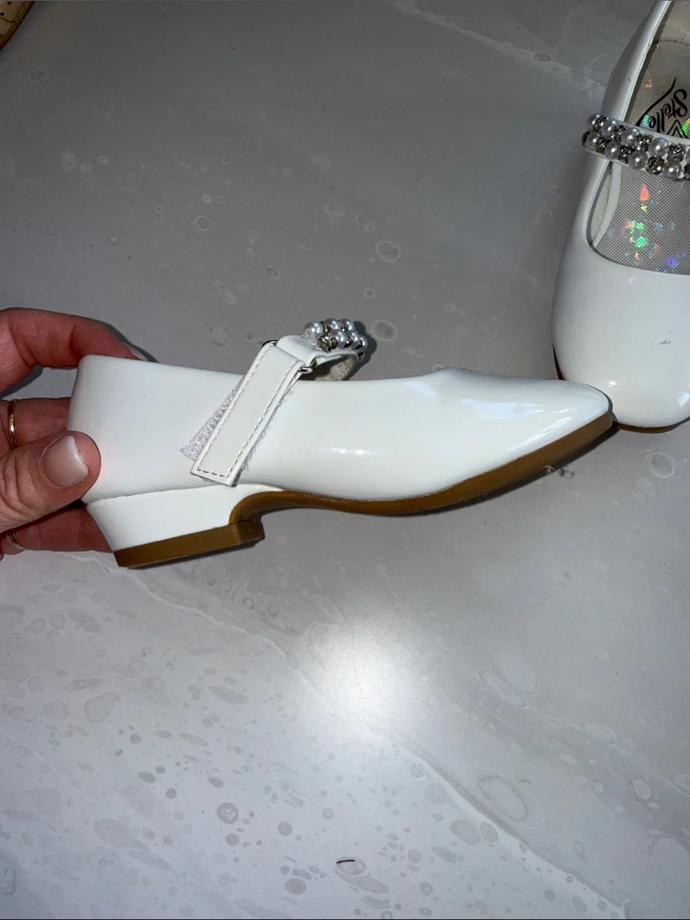 Girls White Patent Mary Jane Shoes with Pearl-Strap Embellishment